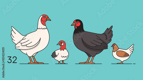 Diverse Chicken Breeds Illustration - White, Black, and Brown Hens.