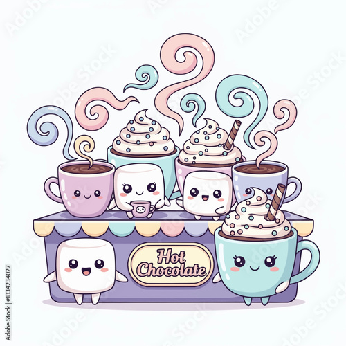 Bubble-style hot chocolate stand with marshmallow characters as sellers, oversized cups,