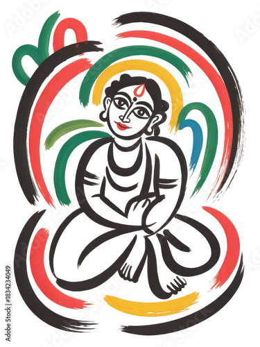 Kalighat Style Artwork of a Bengali Woman Holding a Lamp with Bold Fluid Brushstrokes