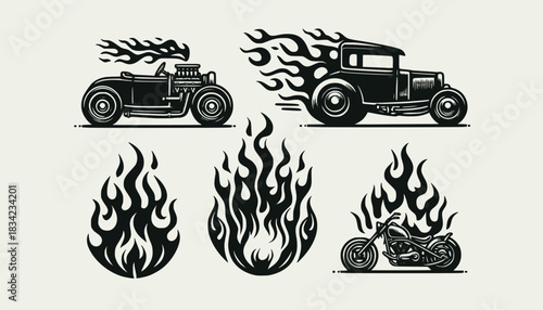 Silhouettes. Vintage hot rods and flames. Vector illustration, EPS 10 version.