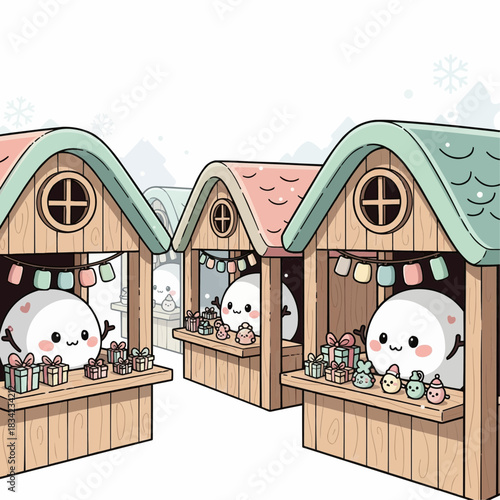 Cute chubby wooden Christmas market stalls with rounded roofs, baby snowball characters selling tiny gifts