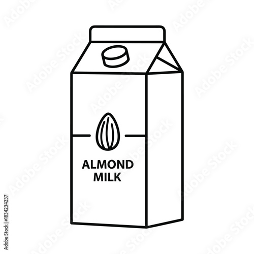 Simple line art illustration of an almond milk carton with an almond icon and text