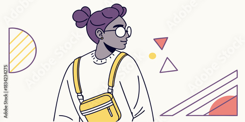 Stylish student with backpack and glasses surrounded by geometric shapes, perfect for education, modern design, or back to school campaigns