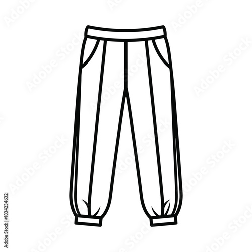 Simple line drawing of loose fitting pants with elastic cuffs and pockets