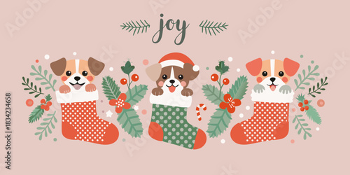 Festive christmas puppies in stockings with joyful holiday greetings