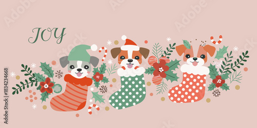 Festive christmas dogs in stockings with holiday decor and joy text