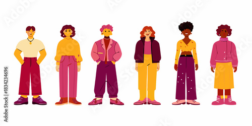 Diverse group of young people standing together in colorful outfits