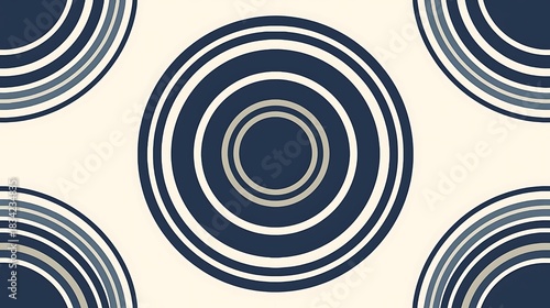A seamless geometric pattern of concentric circles in shades of blue and grey on a cream background.