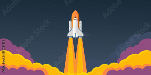 Cartoon space shuttle launching into space with colorful smoke clouds