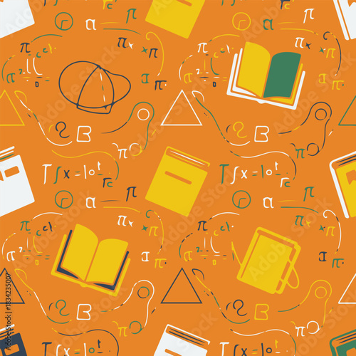 Educational Math Seamless Vector Pattern With Books, Formulas, and Geometric Shapes