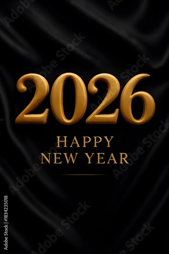 Luxurious new year 2026 greeting post with floating chrome-gold digits and soft champagne lighting
