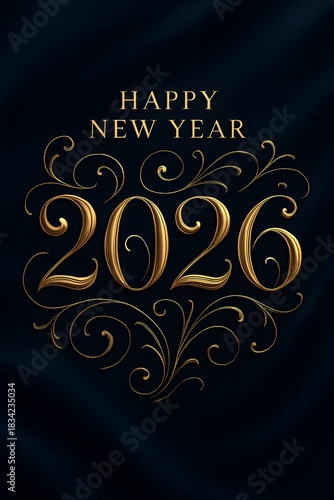 Luxurious new year 2026 greeting post with golden ribbon numbers, noir metallic tones, cinematic glow