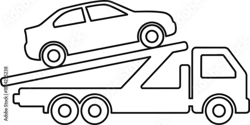 Line art illustration of a car being towed by a tow truck