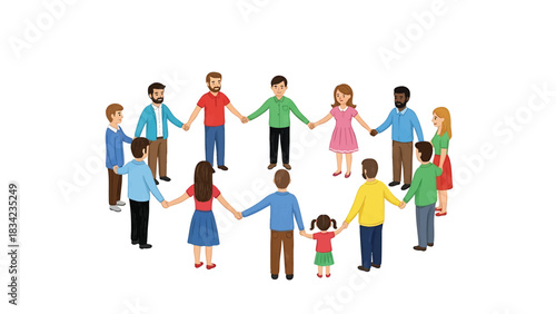 Cartoon illustration of a diverse group of people holding hands forming a circle isolated