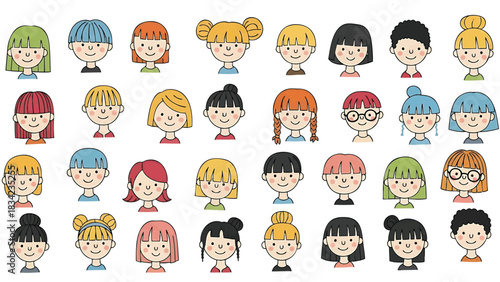 Cartoon girl faces with different hair styles and colors design element