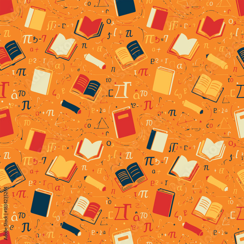 Educational Math Seamless Vector Pattern With Books, Equations, and Geometric Shapes