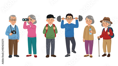 Cartoon illustration of diverse group of active senior people engaging in activities