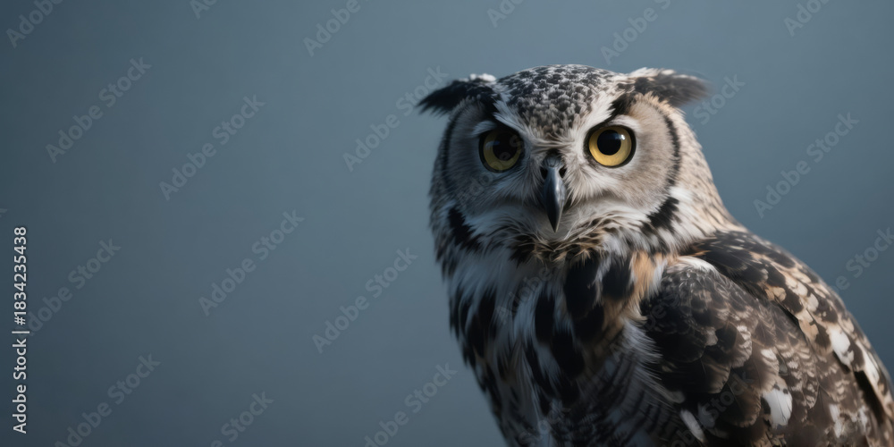 Fototapeta premium Close up front portrait of a great horned owl or eagle owl showing ear tufts and piercing yellow eyes against a clean blue gray background