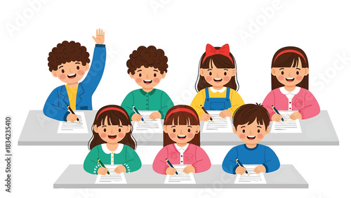 Cartoonstyle elementary school children writing on papers and raising hand isolated