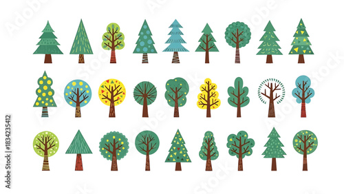 Cartoonstyle tree illustrations forming an eyecatching banner isolated on transparent background