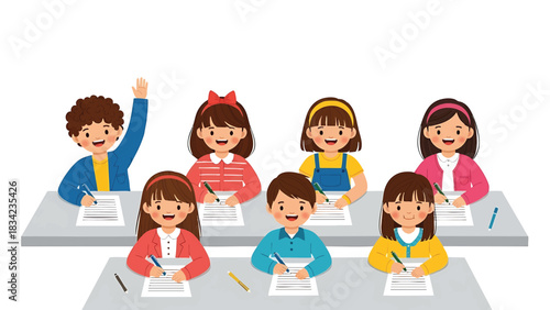 Children Studying in the Classroom with One Raising Their Hand for Attention