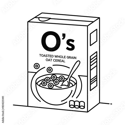 Hand drawn illustration of a box of o s cereal with a bowl of cereal and spoon