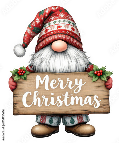 Festive christmas gnome holding a rustic wooden sign with 'merry christmas' text, adorned with holly berries and festive hat, isolated on white isolated on transparent background