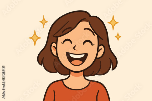 Happy girl smiling openly with bright sparkles around her. Her expression conveys friendliness and joy. Clean lines create a soft, positive mood