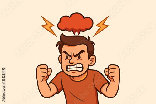 Angry boy with clenched fists and a red cloud above his head. His tense expression shows irritation and rising frustration. Warm tones highlight the emotional intensity