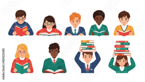 Diverse cartoon students reading books and student carrying stack of books isolated