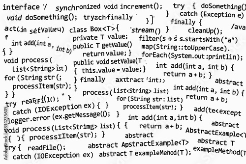 a large collage of our programming codes, absolutely chaotic, black text on a white background