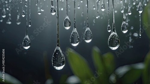 Macroscopic view of pure water drops dripping slowly, reflecting light against a serene and dark natural setting