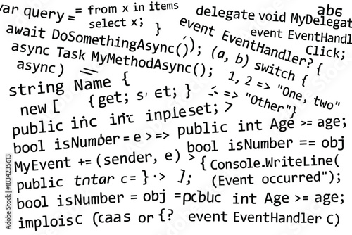 a large collage of our programming codes, absolutely chaotic, black text on a white background