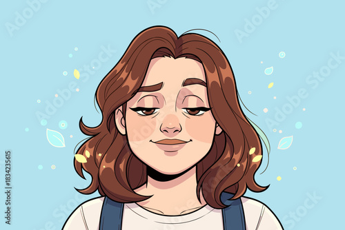 Calm girl smiling softly with relaxed eyes. Her peaceful expression reflects inner balance. Light floating shapes enhance the gentle feeling