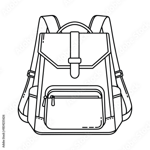 Simple line drawing of a backpack with straps and pockets on a white background