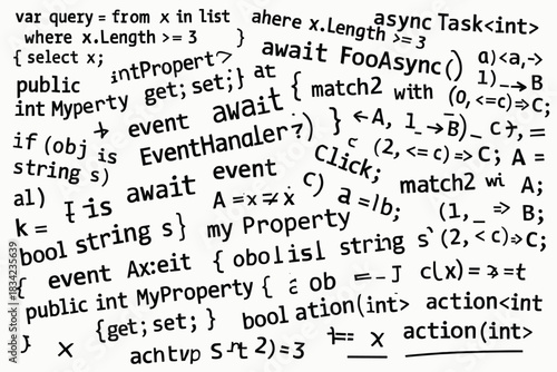a large collage of our programming codes, absolutely chaotic, black text on a white background