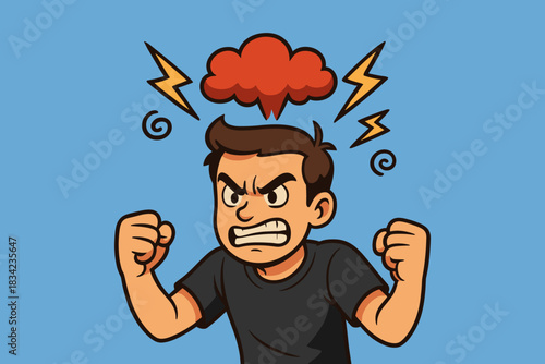 Angry boy with clenched fists and a red cloud above his head. His intense expression shows strong anger. Contrasting colors make the emotion stand out