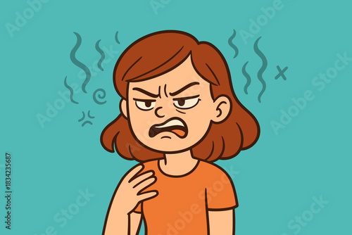 Annoyed girl with tense eyebrows and a sharp expression. Her posture shows irritation and impatience. Vibrant colors make the emotion clear and strong