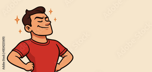 Confident boy standing with a proud smile. His relaxed posture shows satisfaction and inner strength. Warm sparkles highlight the positive emotion