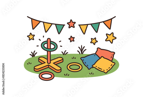 Baby kids party flat vector illustration collection of cute party icons backyard games: ring toss bean bags flag bunting stars arranged horizontal composition handdrawn outlines bright