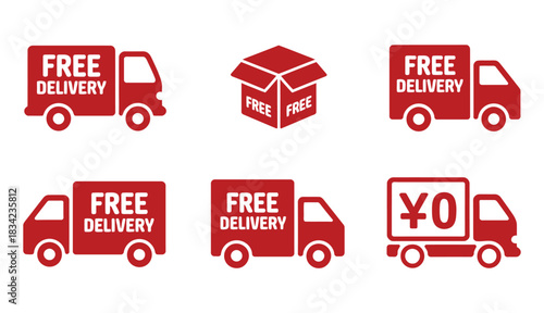 Set of red trucks and a box depicting free delivery and yen currency concept.