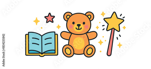 Baby kids party flat vector illustration collection of cute party icons story time: book plush bear wand sparkles arranged horizontal composition handdrawn outlines bright color palette