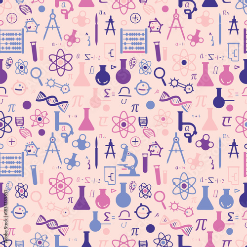 Science & Laboratory Seamless Pattern – Math Symbols, Chemistry, Biology, Physics Icons Vector Background