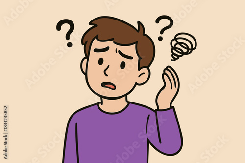 Confused boy with a puzzled expression and raised hand. Question marks emphasize uncertainty. Soft colors give the scene a light emotional tone