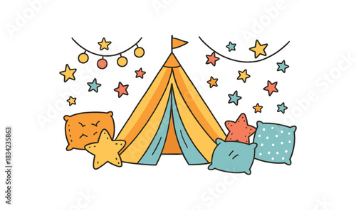 Baby kids party flat vector illustration collection of cute party icons play tent cushions fairy lights icons stars arranged horizontal composition handdrawn outlines bright color palette