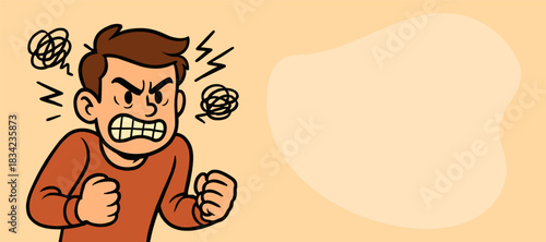 Angry boy clenching his fists with a fierce expression. His tense posture shows frustration and intensity. Sharp lines increase the emotional impact