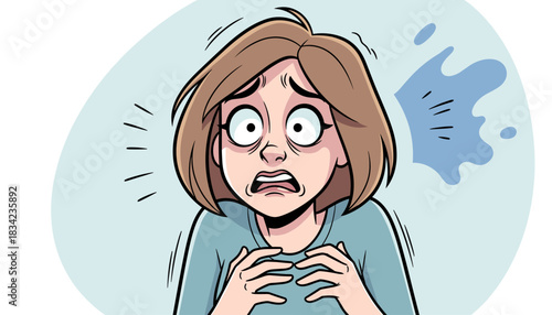 Frightened woman with wide eyes and tense posture. Her expression shows sudden fear and anxiety. Cool tones highlight the intense emotional moment