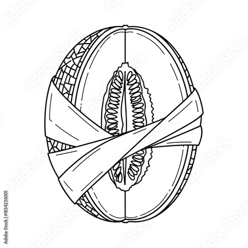 Hand drawn illustration of a halved cantaloupe melon with seeds and rind wrapped in a ribbon