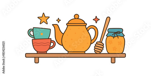 Home decor flat vector illustration collection of cute interior icons tea shelf: teapot cups honey dipper storage jar stars arranged horizontal composition handdrawn outlines bright color