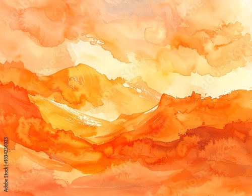 Fiery horizon landscape watercolor painting depicting orange mountain range